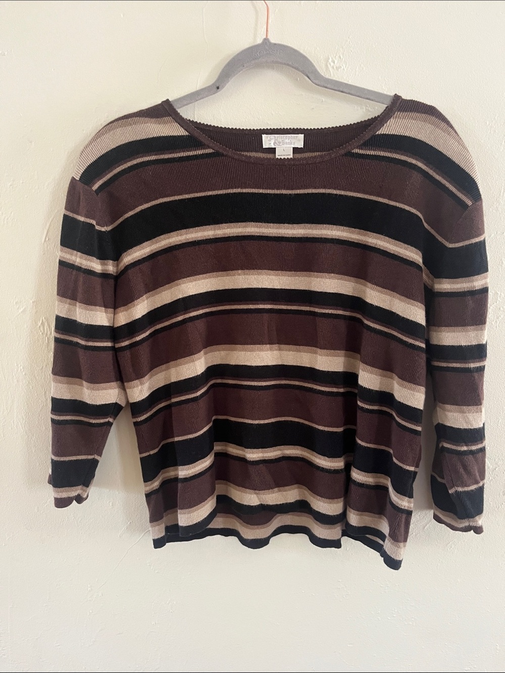Vintage 90s Y2K Striped Sweater in Brown Black Cream Cotton Ramie 3/4 Sleeve